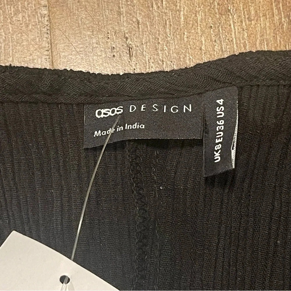 ASOS Linen Cotton Long Puff Sleeve Top Lace Up Black Deep V Front Y2K 4 S - Picture 5 of 12